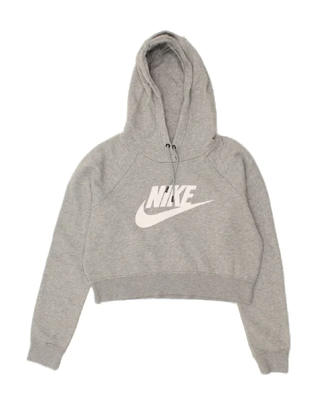 NIKE Womens Crop Graphic Hoodie Jumper UK 10 Small Grey Cotton Hoodie with Rolled Sleeves Casual Relaxed