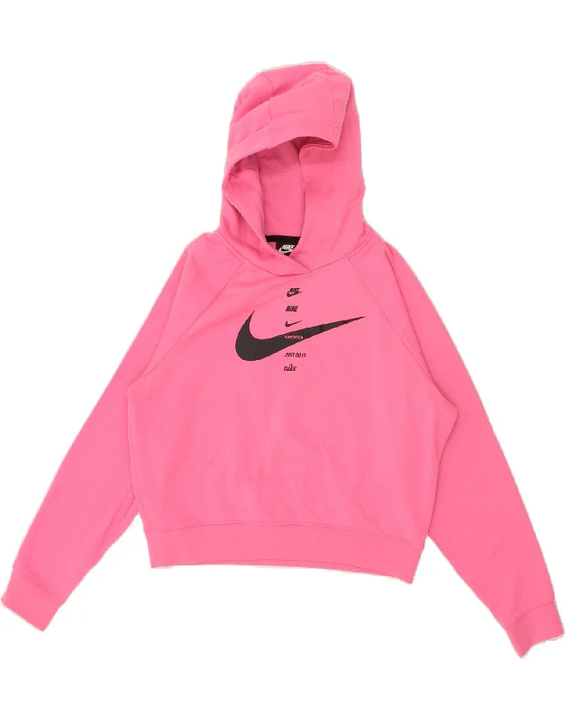 NIKE Womens Crop Hoodie Jumper UK 10 Small Pink Cotton Hoodie with Metallic Shiny Futuristic