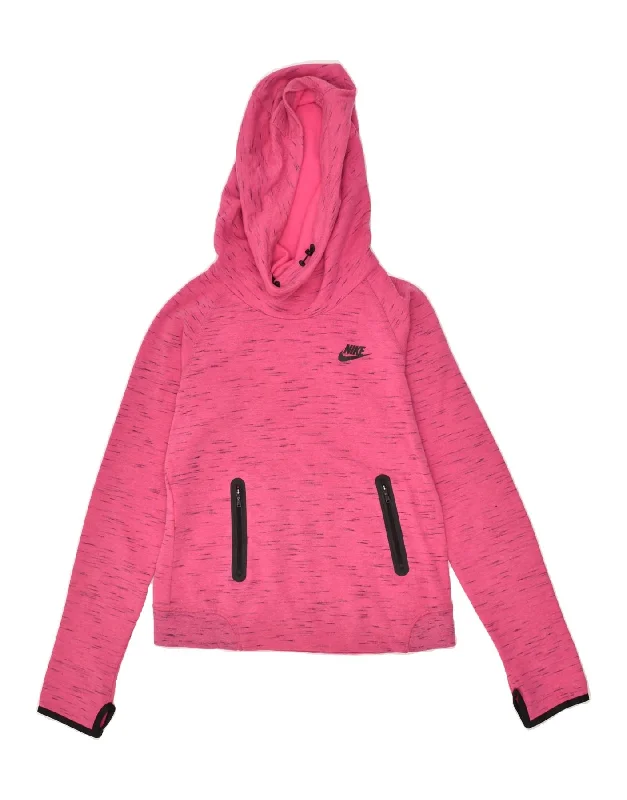 NIKE Womens Crop Hoodie Jumper UK 10 Small Pink Flecked Cotton Hoodie with Hem Applique Textured Unique