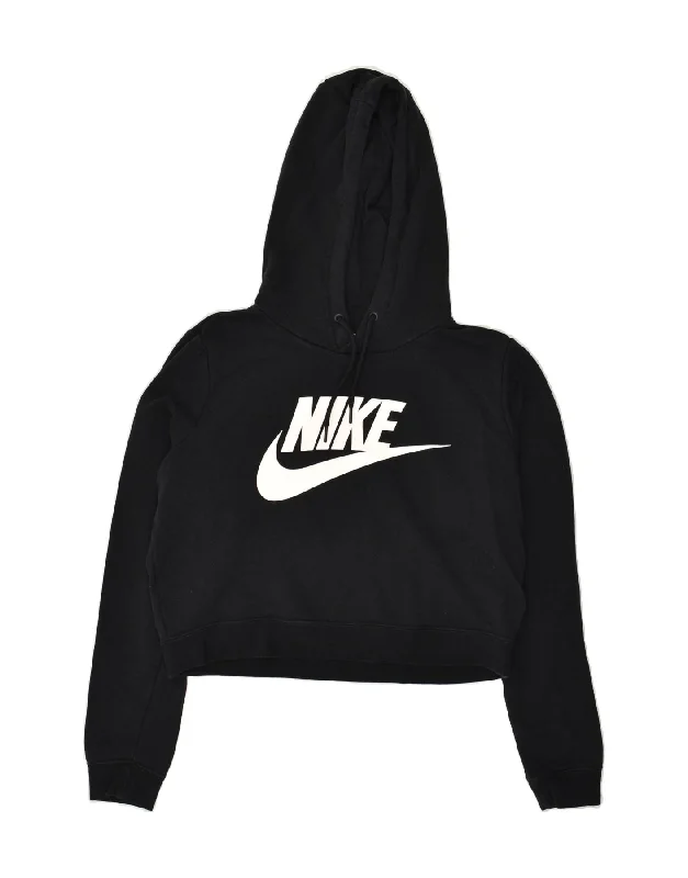 NIKE Womens Crop Sweatshirt Jumper UK 14 Medium Black Cotton Hoodie with Hem Drawcord Adjustable Customizable