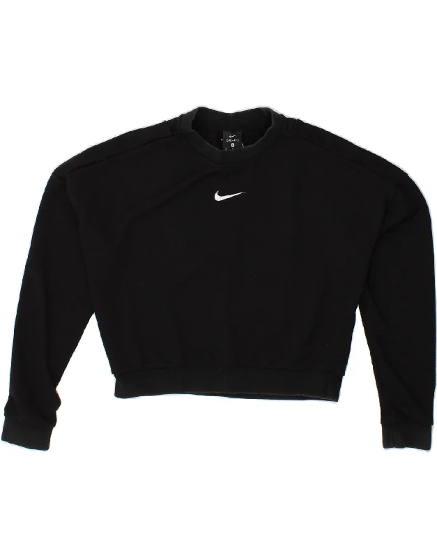 NIKE Womens Dri Fit Graphic Crop Sweatshirt Jumper UK 14 Medium Black Hoodie with Half-Zip Sporty Casual