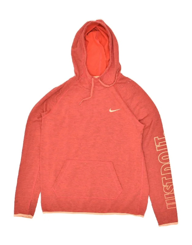 NIKE Womens Dri Fit Graphic Hoodie Jumper UK 14 Medium Red Flecked Hoodie with Double Zipper Versatile Adjustable