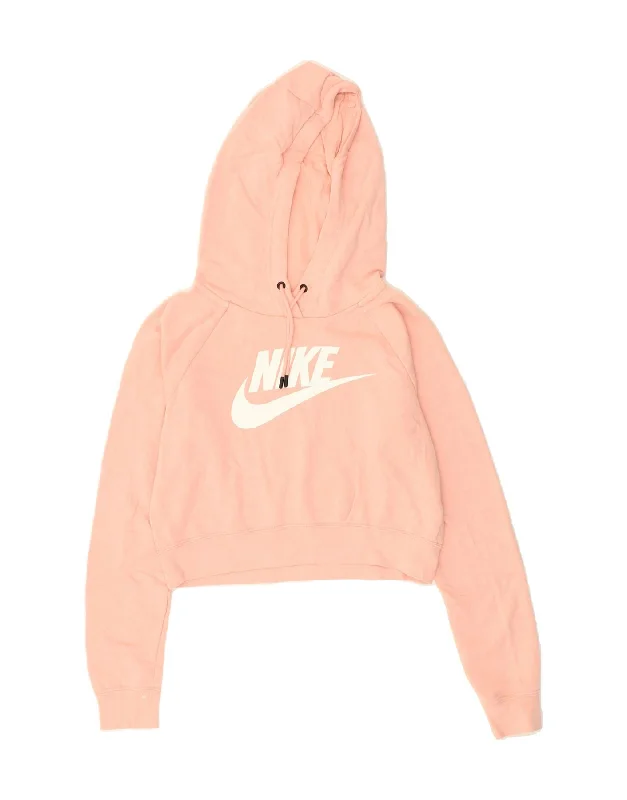 NIKE Womens Graphic Crop Hoodie Jumper UK 6 XS Pink Hoodie with Drop Shoulder Relaxed Streetwear