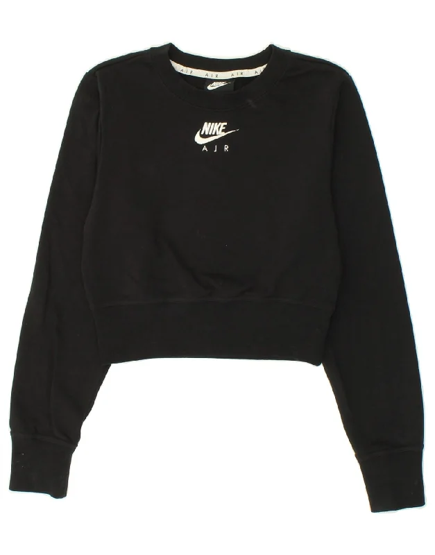 NIKE Womens Graphic Crop Sweatshirt Jumper UK 6 XS Black Cotton Hoodie with Drawstring Waist Adjustable Fitted