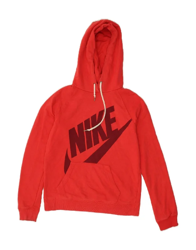 NIKE Womens Graphic Hoodie Jumper UK 10 Small Red Cotton Hoodie with Mesh Breathable Sporty