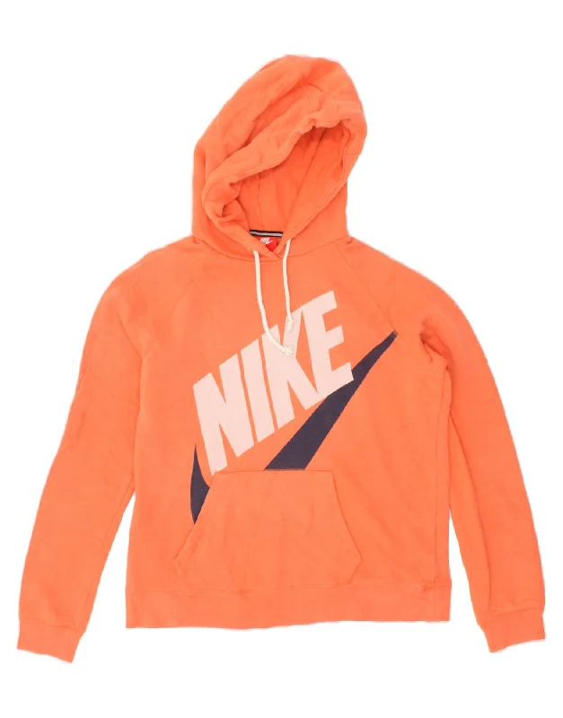 NIKE Womens Graphic Hoodie Jumper UK 14 Large Orange Cotton Hoodie with Hood Adjustable Protection