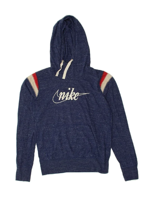 NIKE Womens Graphic Hoodie Jumper UK 14 Medium Navy Blue Flecked Cotton Zip Hoodie Drawstring Kangaroo Pocket