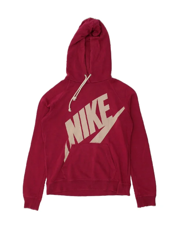 NIKE Womens Graphic Hoodie Jumper UK 14 Medium Pink Cotton Hoodie with Tied Waist Feminine Flattering