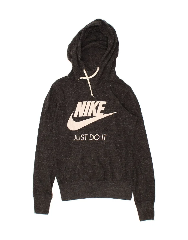 NIKE Womens Graphic Hoodie Jumper UK 6 XS Grey Flecked Cotton Hoodie with Front Slit Layering Stylish