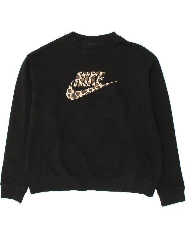 NIKE Womens Graphic Sweatshirt Jumper UK 10 Small Black Cotton Hoodie with V-Neck Classic Versatile