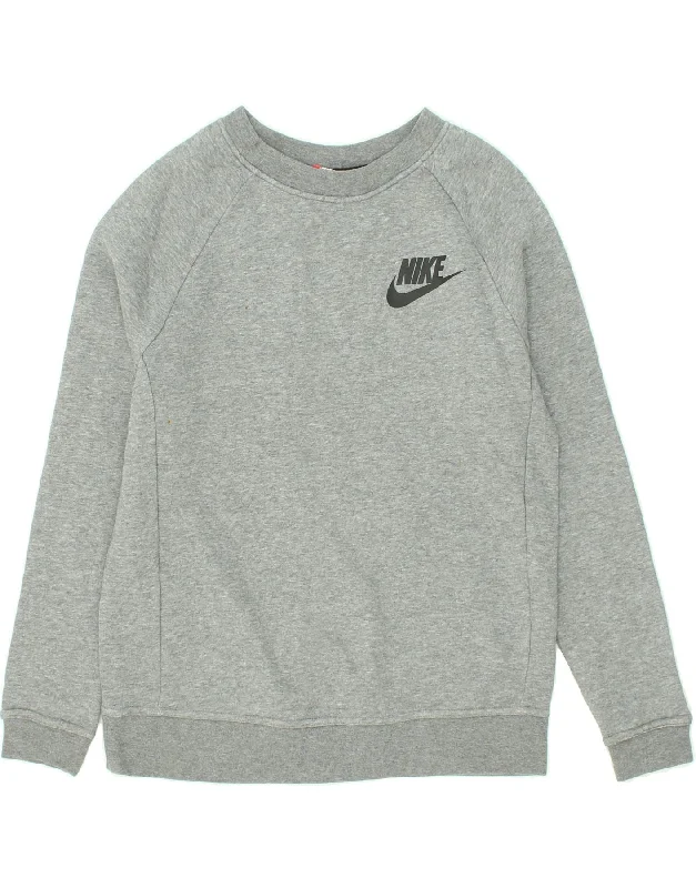 NIKE Womens Graphic Sweatshirt Jumper UK 6 XS Grey Cotton Hoodie with Stripes Bold Sporty