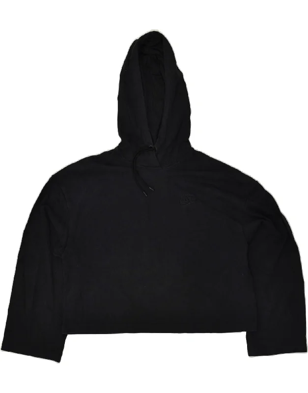 NIKE Womens Oversized Crop Hoodie Jumper UK 14 Medium Black Cotton Hoodie with Hem Detail Decorative Unique