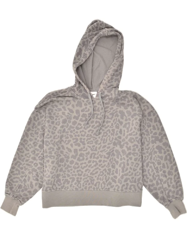 NIKE Womens Oversized Crop Hoodie Jumper UK 14 Medium Grey Animal Print Hoodie with Drop Shoulder Relaxed Streetwear