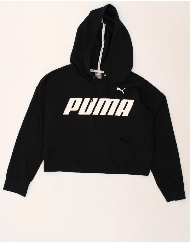 PUMA Womens Graphic Crop Hoodie Jumper UK 14 Medium Black Cotton Hoodie with Earth Tones Natural Calm