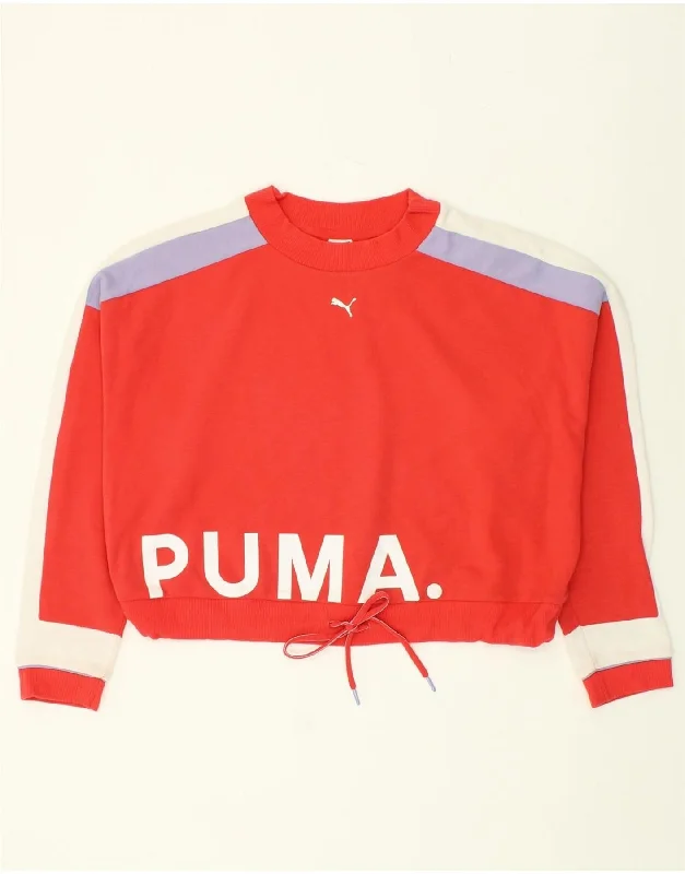 PUMA Womens Graphic Crop Sweatshirt Jumper UK 18 XL Red Colourblock Hoodie with Bell Sleeves Flared Feminine