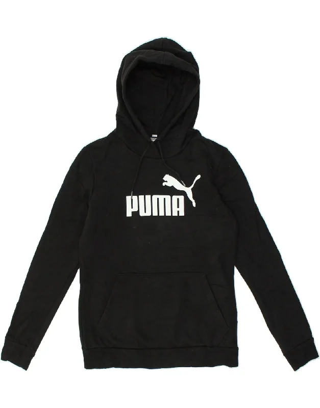 PUMA Womens Graphic Hoodie Jumper UK 10 Small Black Cotton Hoodie with High-Low Hem Asymmetrical Trendy