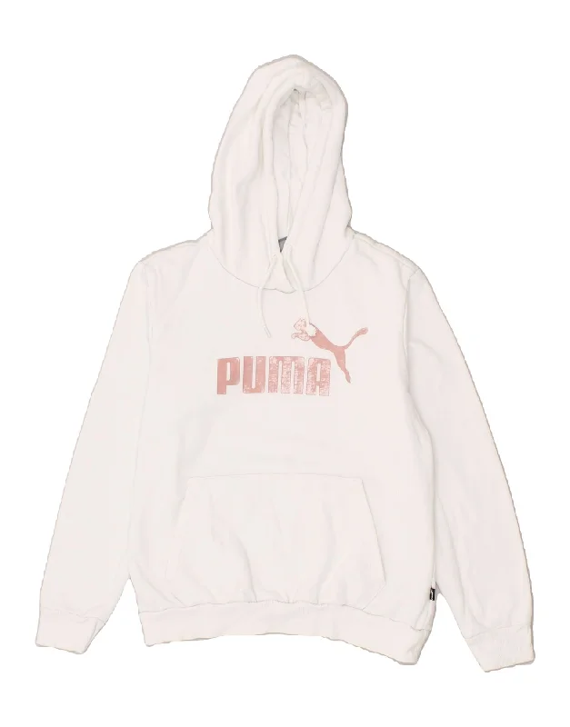 PUMA Womens Graphic Hoodie Jumper UK 14 Medium White Cotton Hoodie with Typography Text Message