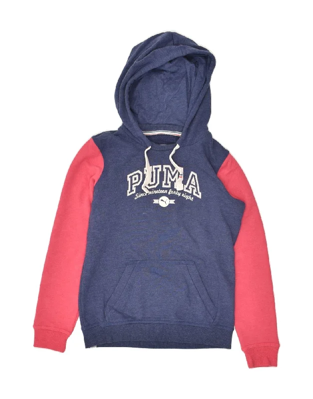 PUMA Womens Graphic Hoodie Jumper UK 8 Small Navy Blue Colourblock Hoodie with Reflective Safety Nightwear