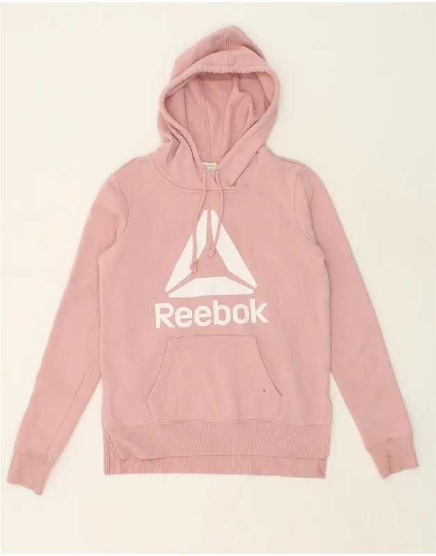 REEBOK Womens Graphic Hoodie Jumper UK 6 XS Pink Cotton Hoodie with Longline Fit Extended Stylish