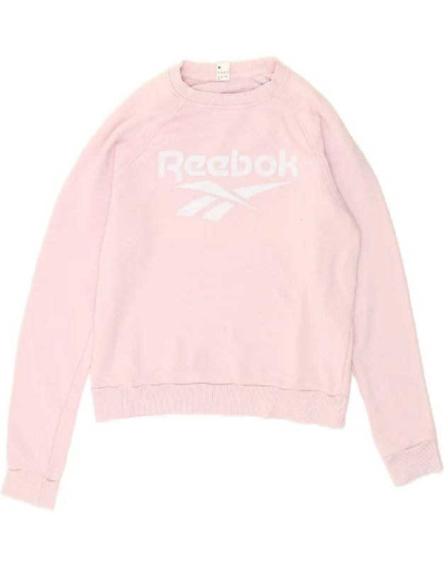 REEBOK Womens Graphic Sweatshirt Jumper UK 14 Medium Pink Cotton Hoodie with Cuffed Sleeves Snug Secure