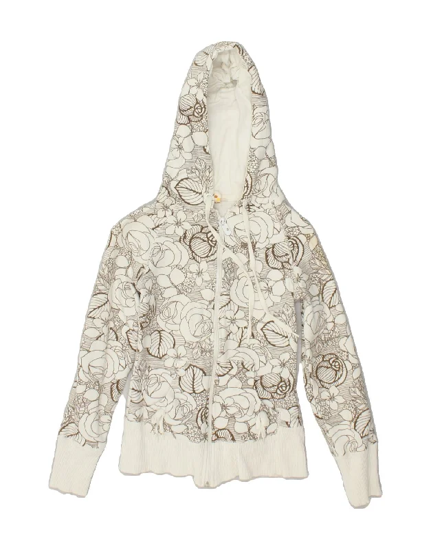 ROXY Womens Crop Hoodie Jumper UK 8 Small Beige Floral Cotton Hoodie with High-Low Hem Asymmetrical Trendy