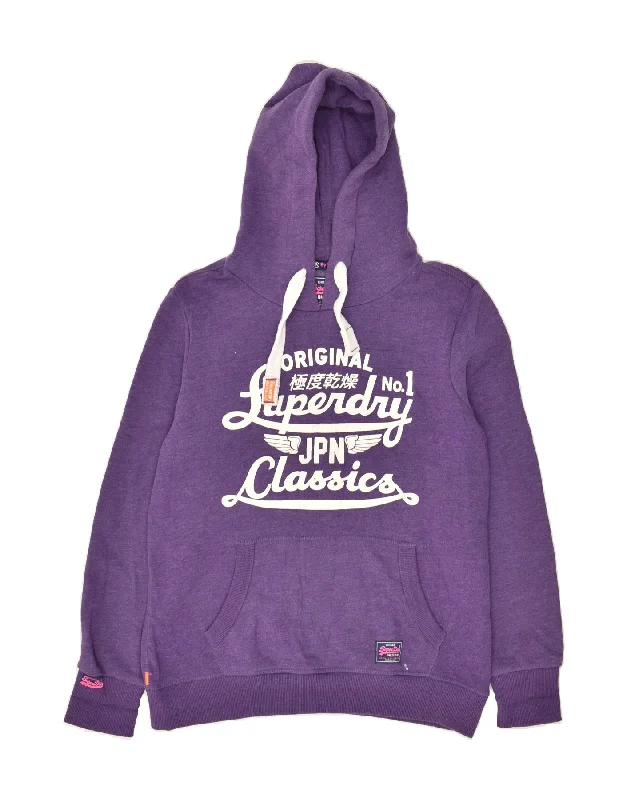 SUPERDRY Womens Classic Graphic Hoodie Jumper UK 14 Large Purple Cotton Hoodie with Velcro Closure Adjustable Secure