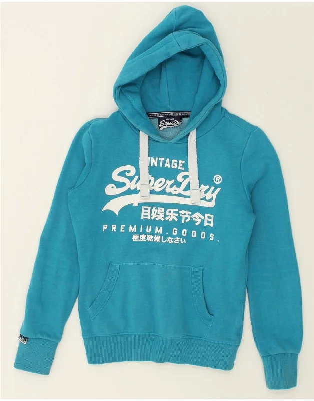 SUPERDRY Womens Graphic Hoodie Jumper UK 10 Small Blue Cotton Hoodie with Side Slits Relaxed Casual