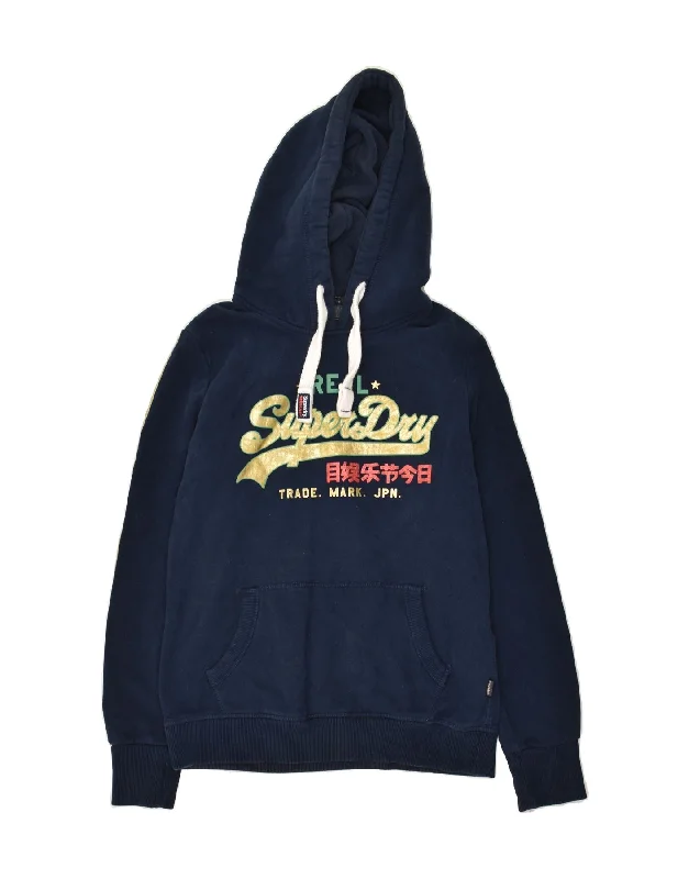 SUPERDRY Womens Graphic Hoodie Jumper UK 12 Medium Navy Blue Colourblock Hoodie with Back Slit Movement Comfort