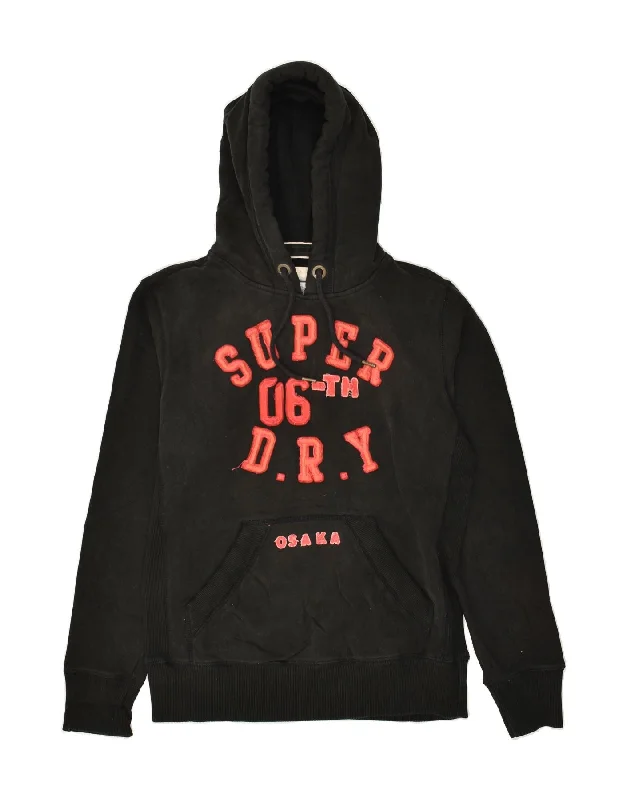 SUPERDRY Womens Graphic Hoodie Jumper UK 14 Medium Black Cotton Hoodie with Button Placket Classic Preppy