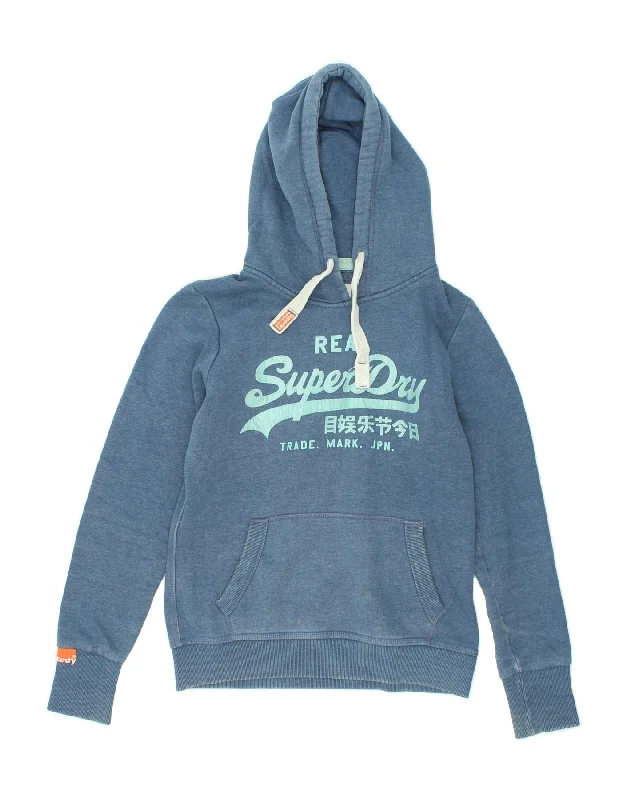 SUPERDRY Womens Graphic Hoodie Jumper UK 14 Medium Navy Blue Cotton Hoodie with Typography Text Message