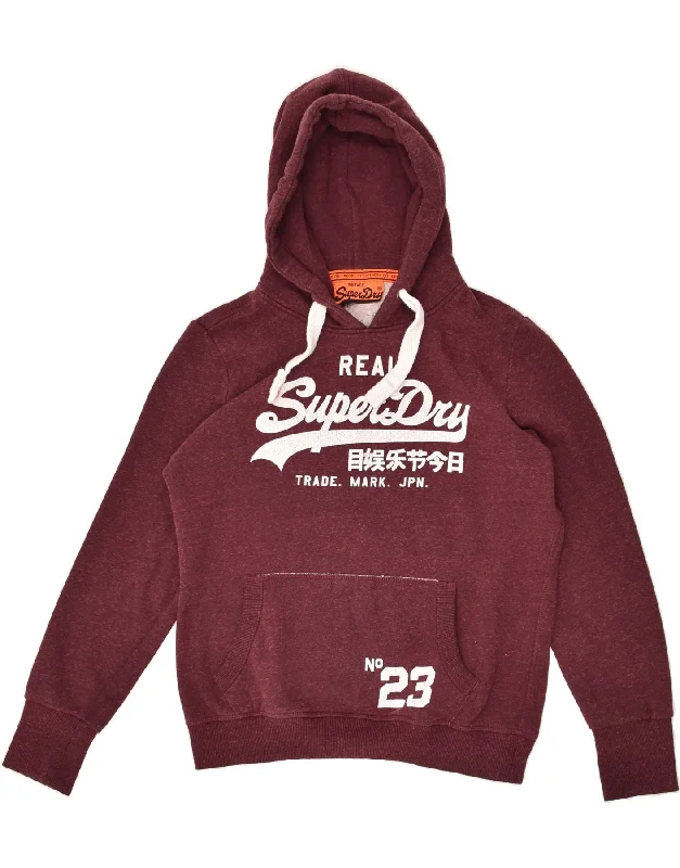 SUPERDRY Womens Graphic Hoodie Jumper UK 16 Large Burgundy Polyester Hoodie with Oversized Fit Loose Comfortable