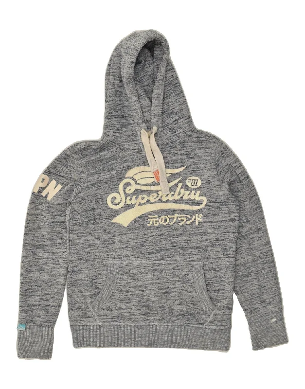 SUPERDRY Womens Graphic Hoodie Jumper UK 16 Large Grey Flecked Cotton Hoodie with Side Slits Relaxed Casual