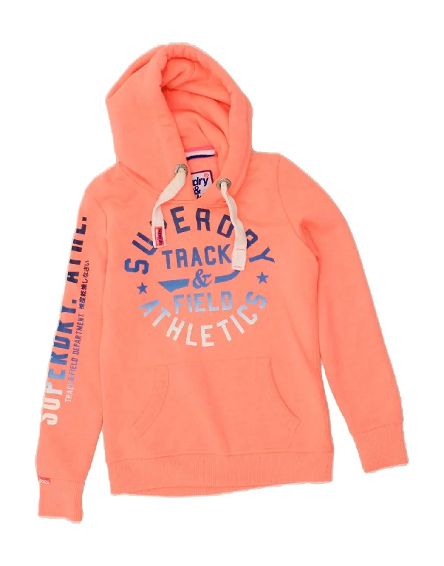 SUPERDRY Womens Graphic Hoodie Jumper UK 6 XS Orange Cotton Hoodie with Sequins Glamorous Eye-catching