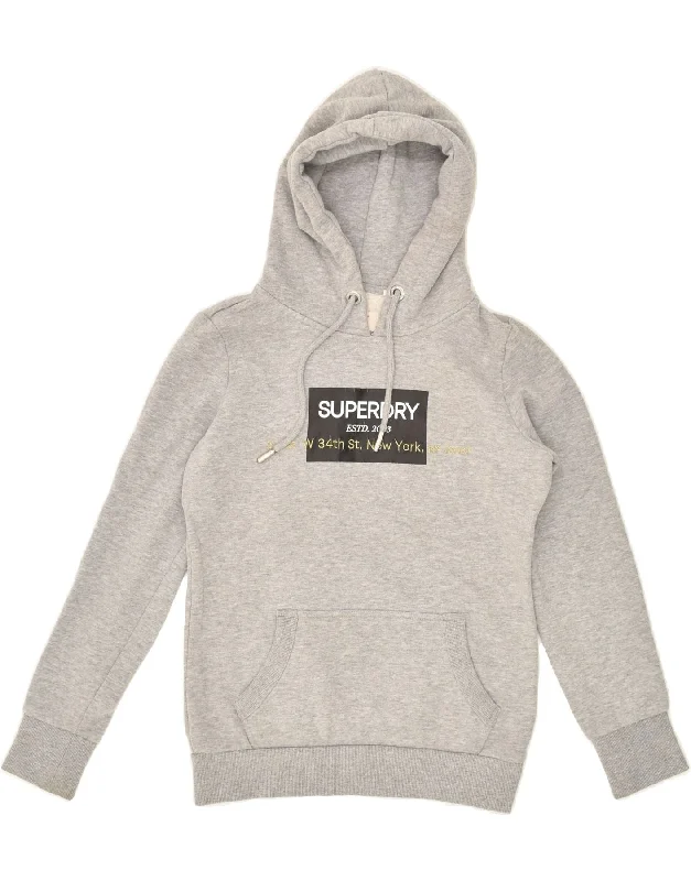 SUPERDRY Womens Graphic Hoodie Jumper UK 8 Small  Grey Flecked Cotton Hoodie with Raglan Sleeves Sporty Comfortable