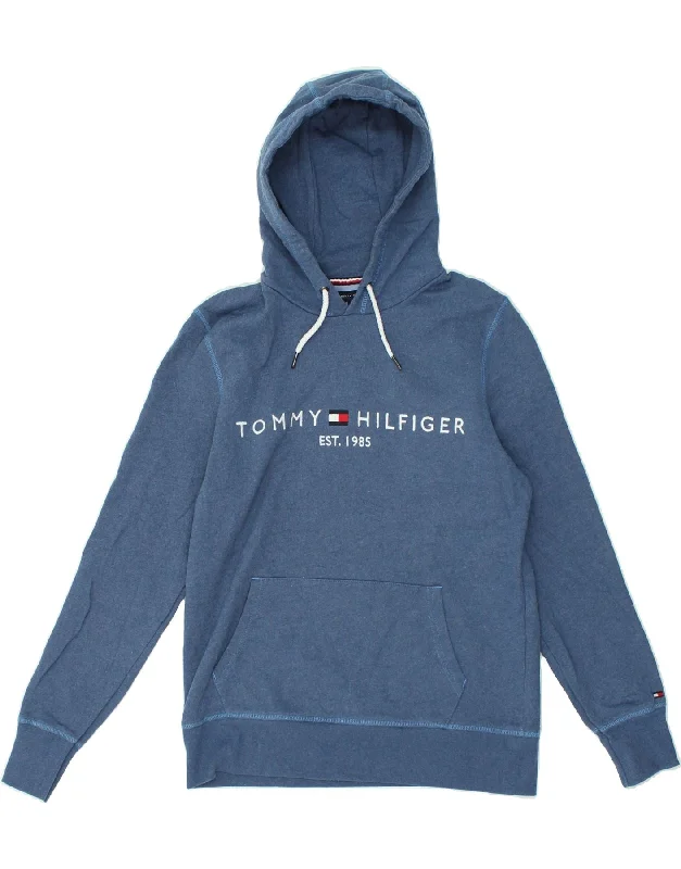 TOMMY HILFIGER Womens Graphic Hoodie Jumper UK 14 Medium Blue Cotton Hoodie with Side Slits Relaxed Casual