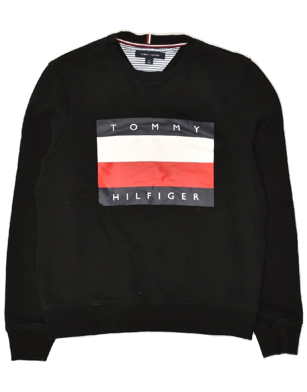 TOMMY HILFIGER Womens Graphic Sweatshirt Jumper UK 10 Small Black Cotton Hoodie with Frayed Bohemian Relaxed