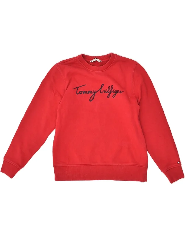 TOMMY HILFIGER Womens Graphic Sweatshirt Jumper UK 6 XS Red Cotton Hoodie with Zipper Placket Modern Functional