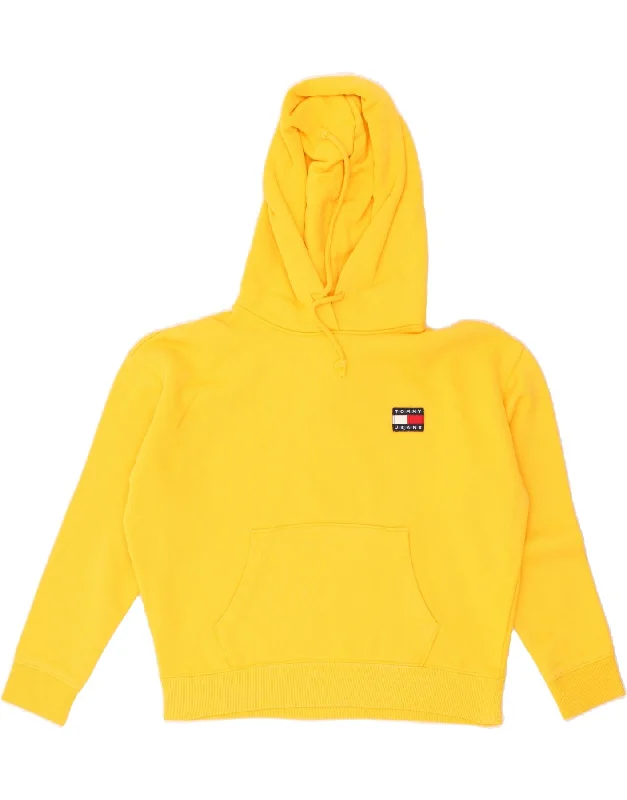 TOMMY HILFIGER Womens Oversized Hoodie Jumper UK 10 Small Yellow Cotton Zip Hoodie Drawstring Kangaroo Pocket