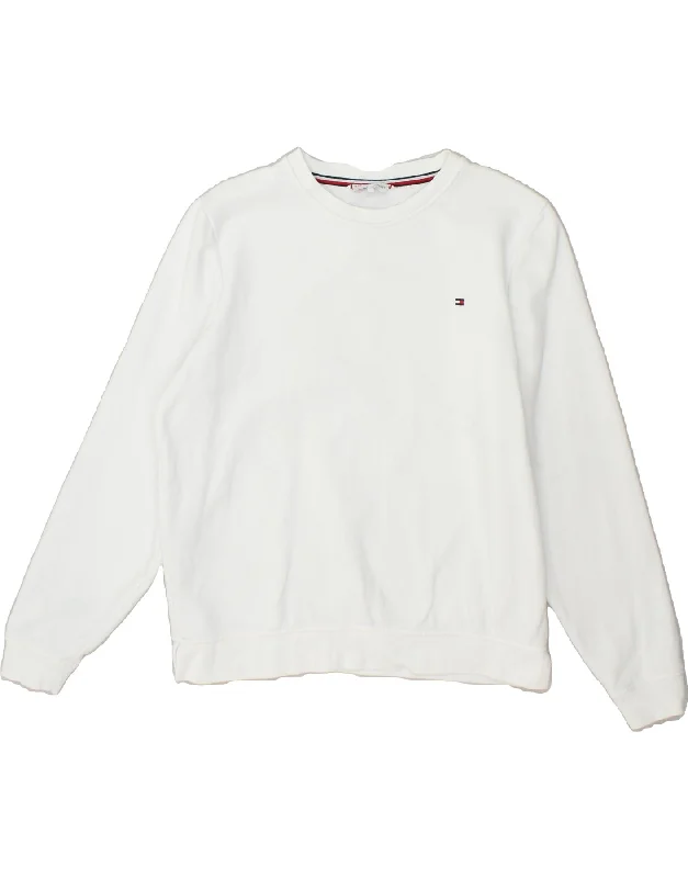 TOMMY HILFIGER Womens Oversized Sweatshirt Jumper UK 10 Small White Cotton Hoodie with Metallic Shiny Futuristic