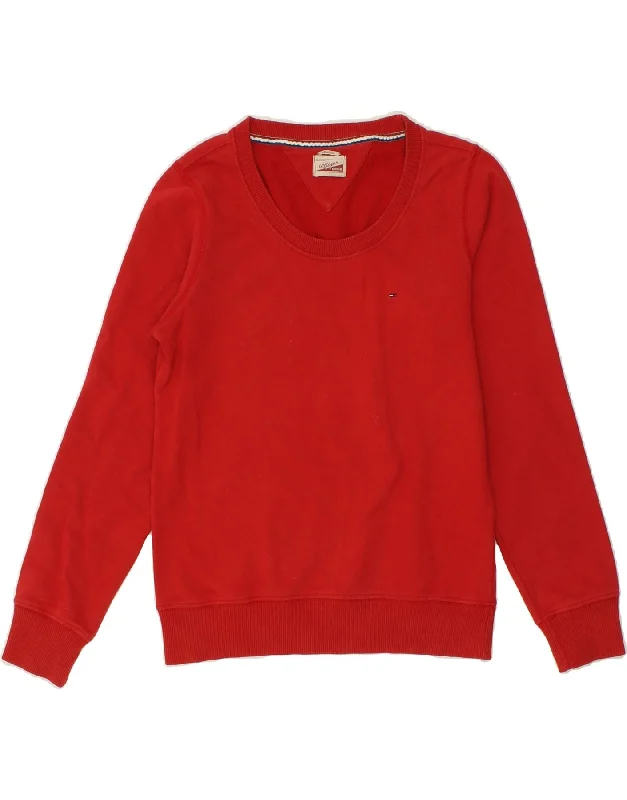 TOMMY HILFIGER Womens Sweatshirt Jumper UK 14 Medium Red Cotton Hoodie with Hem Patch Decorative Personalized