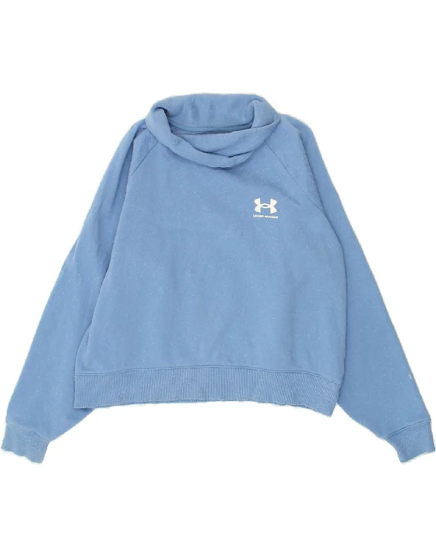 UNDER ARMOUR Womens Crop Roll Neck Sweatshirt Jumper UK 16 Large Blue Hoodie with Embroidery Detailed Premium