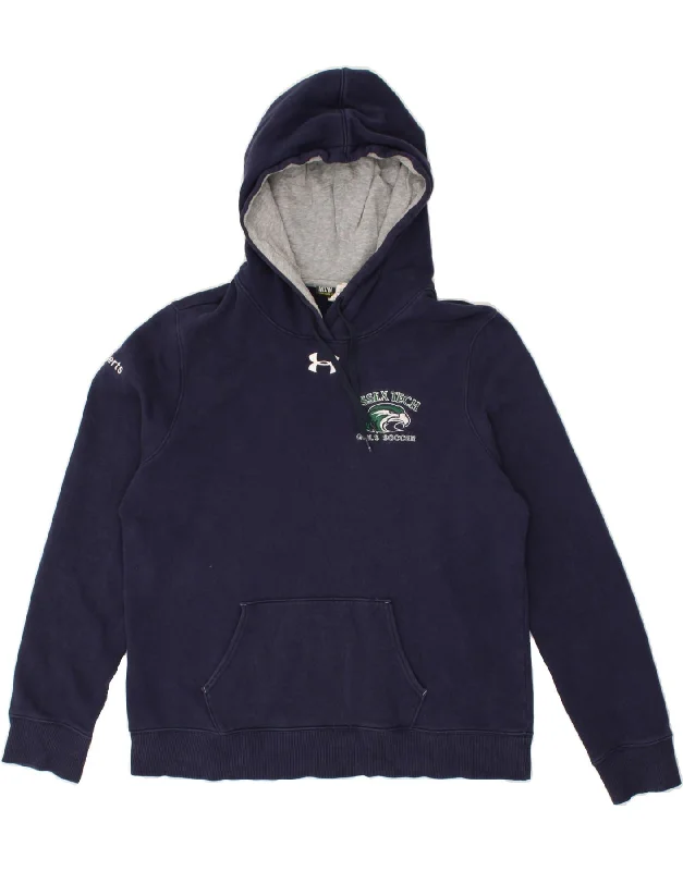 UNDER ARMOUR Womens Essex Tech Hoodie Jumper UK 14 Medium Navy Blue Cotton Hoodie with Hem Embroidery Detailed Premium