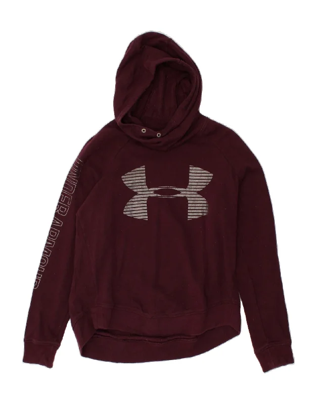 UNDER ARMOUR Womens Loose Fit Graphic Hoodie Jumper UK 10 Small Burgundy Hoodie with Hem Frayed Vintage Worn