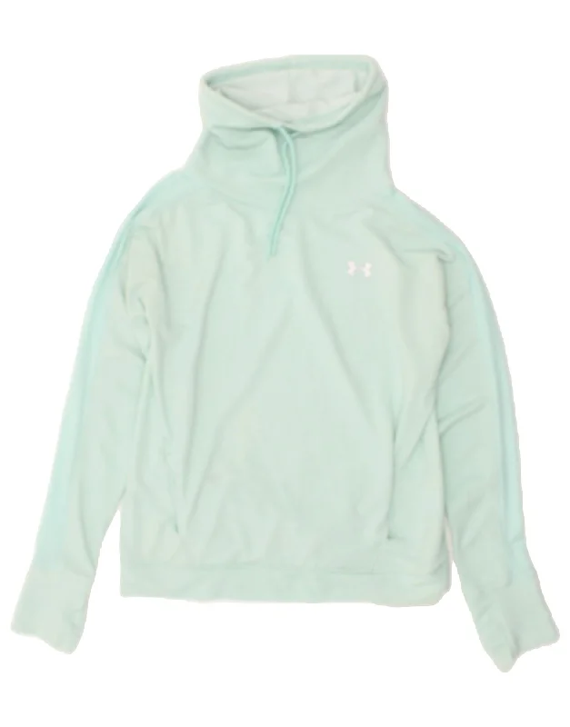 UNDER ARMOUR Womens Sweatshirt Jumper UK 10 Small Blue Hoodie with Strings Custom Fit Adjustable