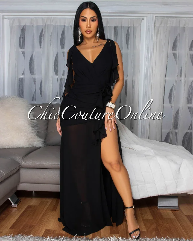 Abianka Black Ruffle Slit Maxi Dress Chic Off-Shoulder Maxi Dress