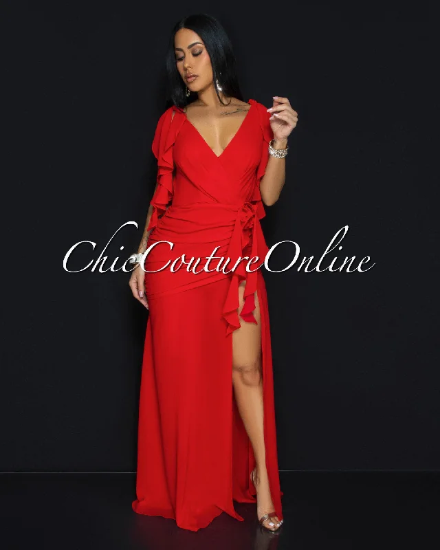 Abianka Red Ruffle Slit Maxi Dress Fashionable High-Low Maxi Dress