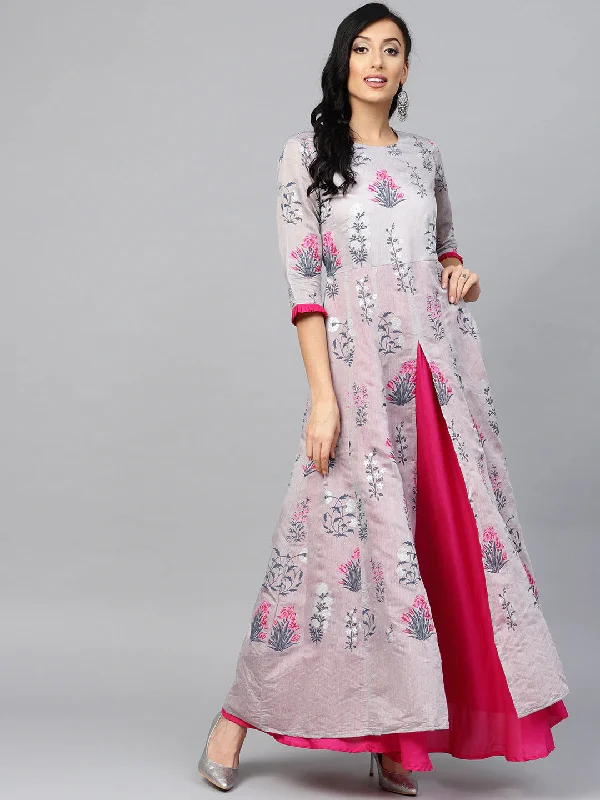 Ahalyaa Grey & Pink Floral Printed Layered Front Slit Maxi Dress Cozy Cold-Shoulder Maxi Dress