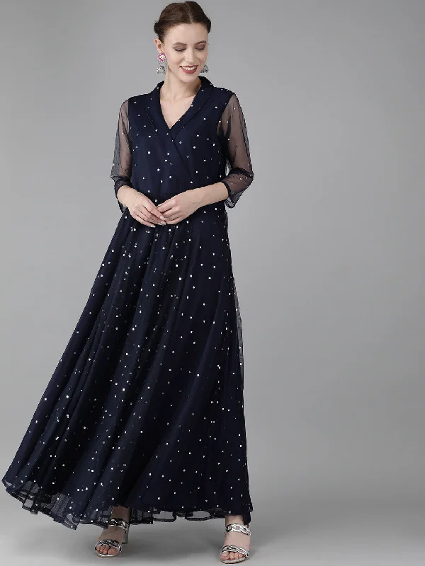 Ahalyaa Navy Blue Net & Crepe Silver Toned Polka Dots Printed Maxi Dress Comfortable Fitted Maxi Dress