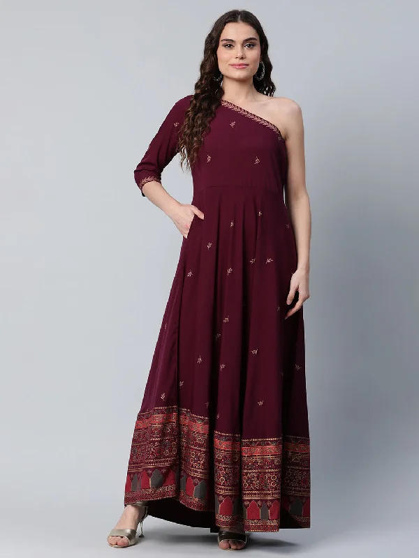 Ahalyaa Women Burgundy & Gold Toned Ethnic Motifs One Shoulder Ethnic Maxi Dress Classic Tulle Maxi Dress