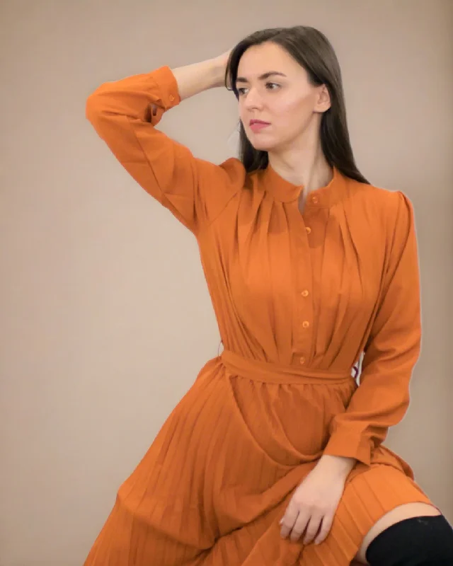 Ania Burnt Orange Maxi Dress with Pleats - Long Sleeve Dress Trendy Button Front Maxi Dress